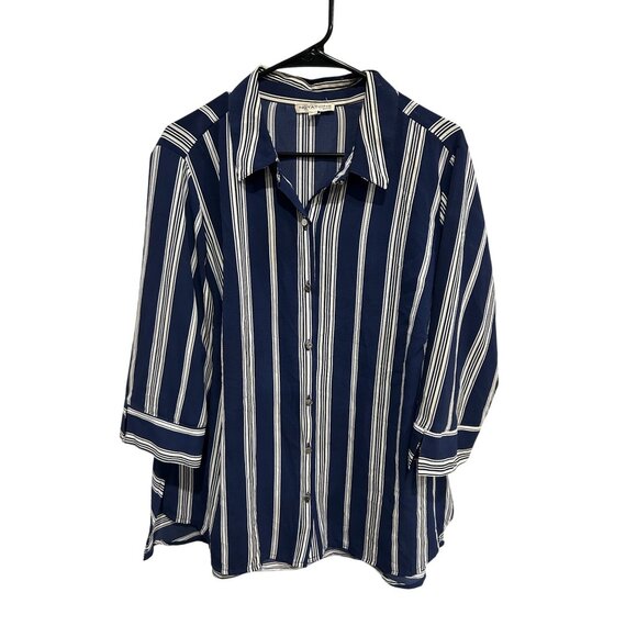Notations Womens Striped Button Front Shirt Blue White Plus Sz 2X Nautical - Picture 1 of 9